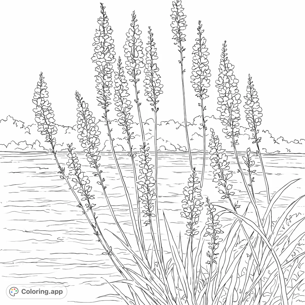 Immerse yourself in nature with this elegant floral coloring page, featuring tall, graceful flowers by a serene body of water and distant trees.