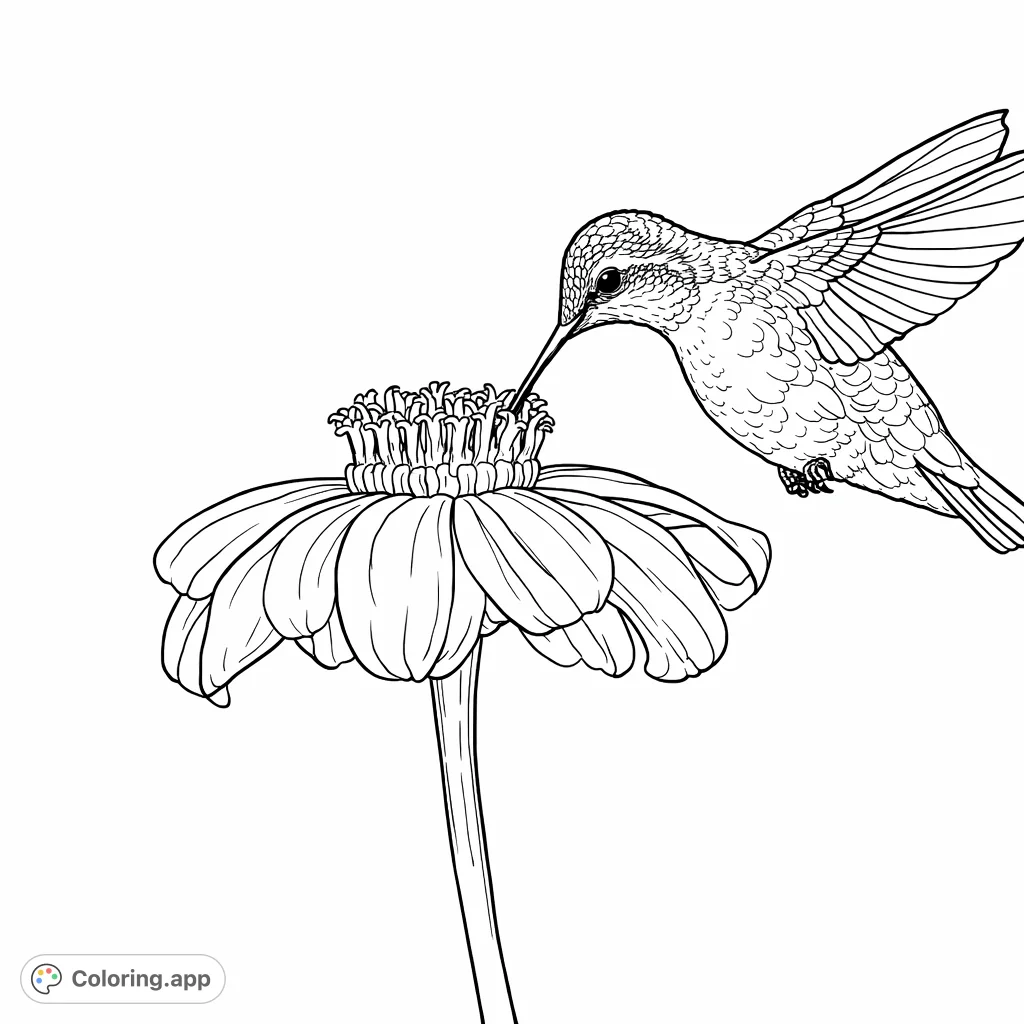 A charming hummingbird coloring page, capturing a delicate bird in flight as it sips from a beautiful, intricate flower. Perfect for nature lovers!