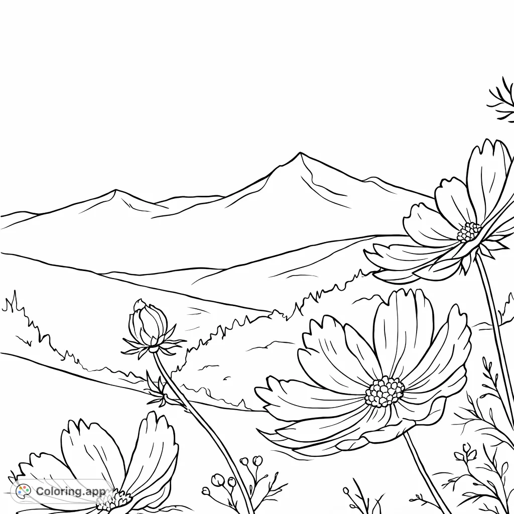 A serene landscape featuring delicate cosmos flowers in the foreground, set against rolling hills and majestic distant mountains under a peaceful sky.