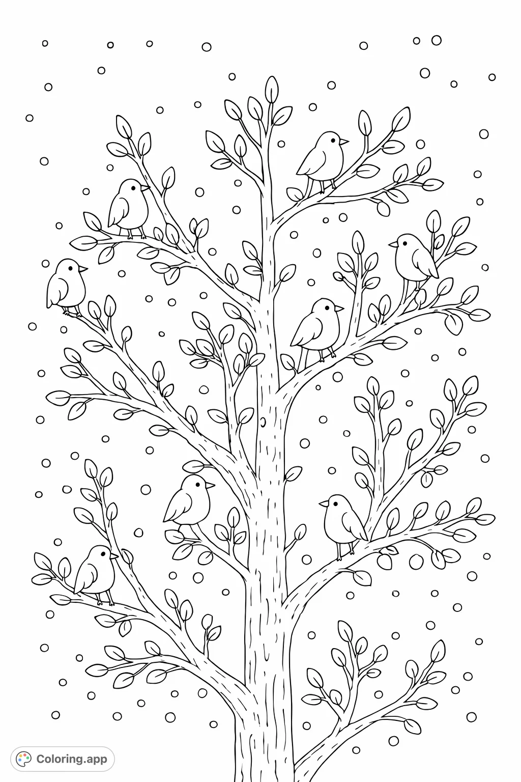 Discover a charming tree filled with tiny birds and delicate leaves, set against a speckled backdrop. A delightful nature scene perfect for a peaceful coloring experience.