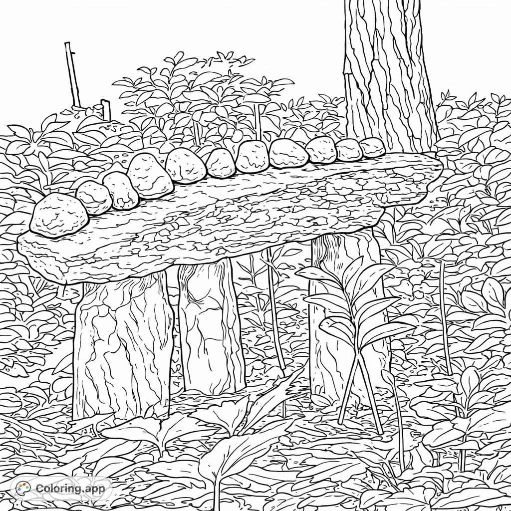 Discover a serene garden scene featuring a striking stacked stone sculpture. Arrange small, rounded rocks atop a large, textured slab, surrounded by lush foliage.