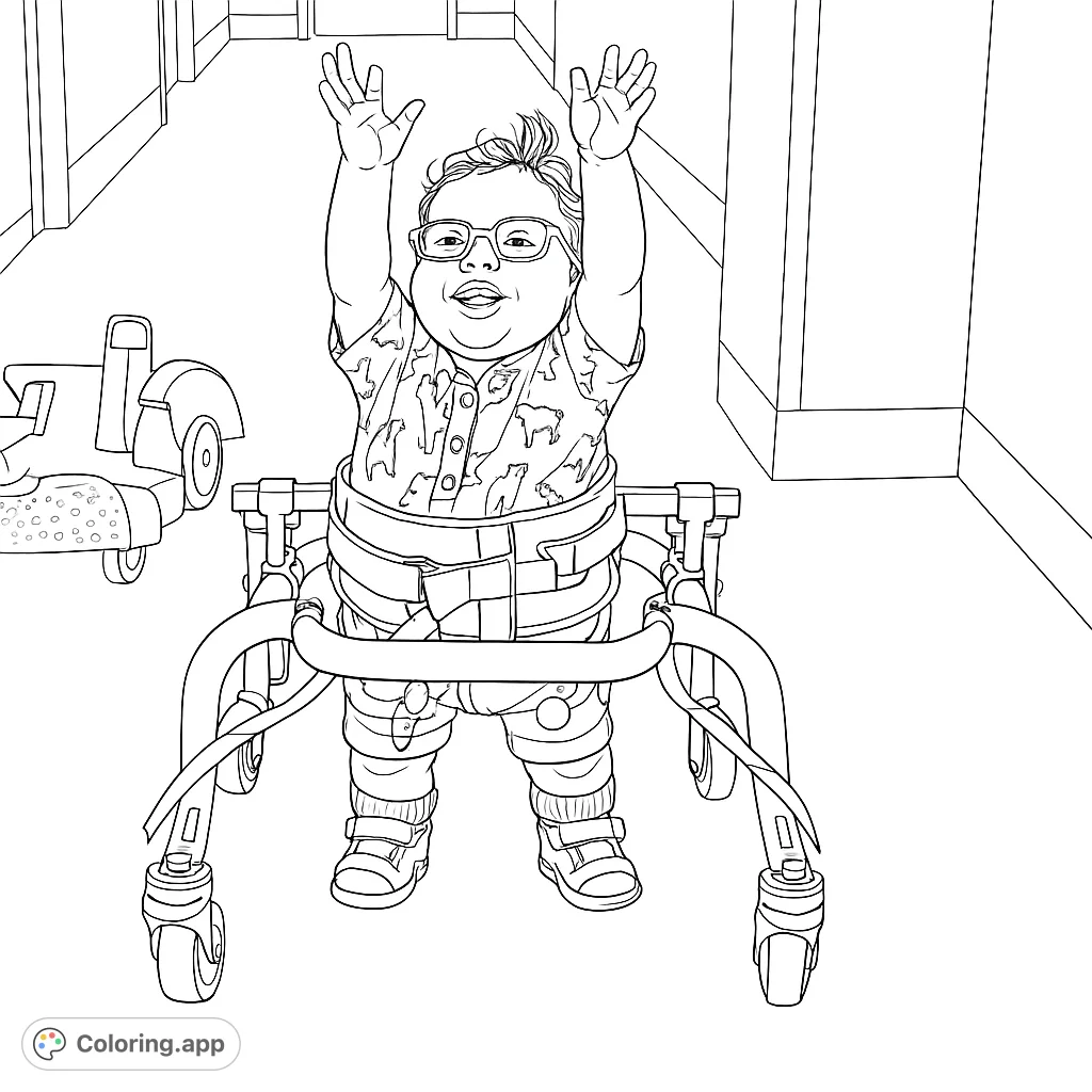 Celebrate a child's joyful milestone! This coloring page features a happy child standing in a walker, arms raised in triumph, ready for your creative touch.