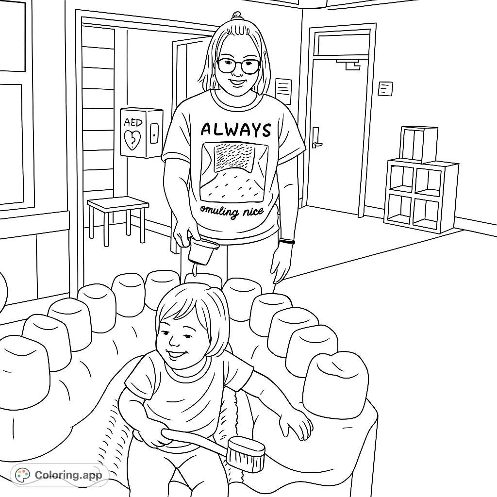 A delightful dental hygiene coloring page featuring a child brushing giant teeth with an adult, perfect for teaching oral care in a fun, engaging way.