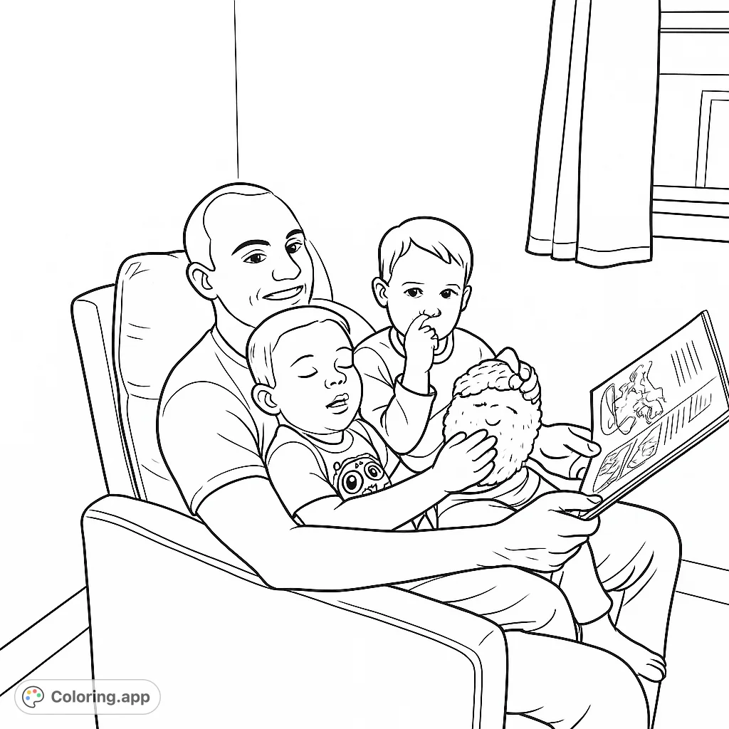 A heartwarming scene of a father reading to his two young children, nestled in a cozy chair. Perfect for family bonding and quiet moments.