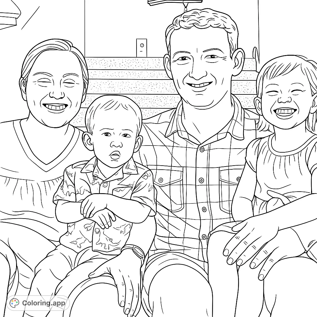A heartwarming family portrait featuring two adults and two children smiling together on a staircase, perfect for a personalized coloring experience.