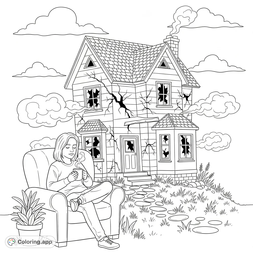 A serene figure sips from a mug, eyes closed, while a tilted, cracked house with smoke-like shapes looms behind, creating a powerful scene of contrast.