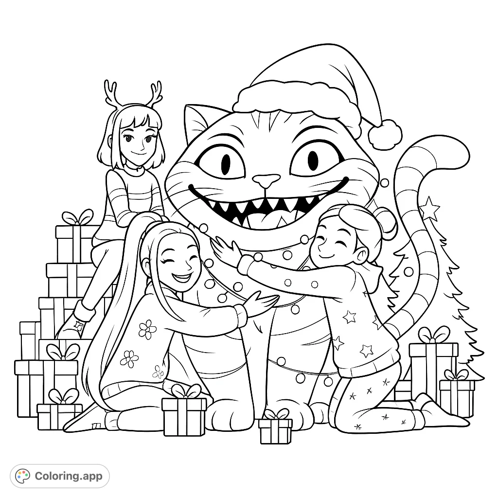 Three friends decorate a giant festive feline with string lights amidst a pile of gifts and a small tree, celebrating the holiday spirit. A delightful Christmas coloring page.