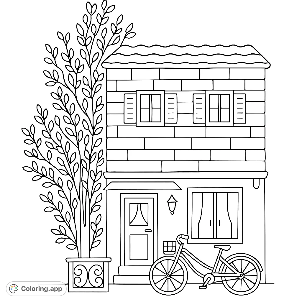 Color a charming two-story house with textured walls, a leafy tree, and a bicycle parked outside. A delightful scene for creative expression.