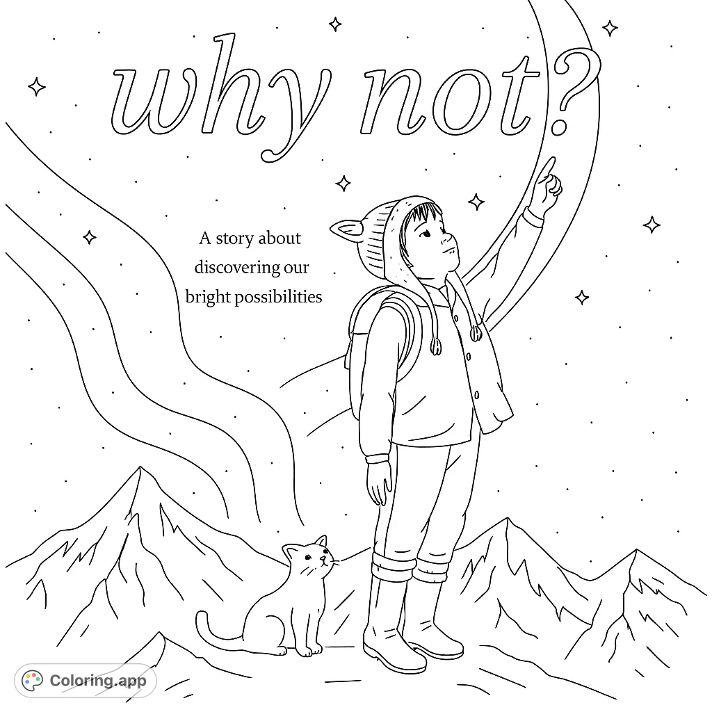 A child and their animal companion gaze up at a wondrous, star-filled sky with swirling light patterns above majestic mountains. A magical scene for all ages.