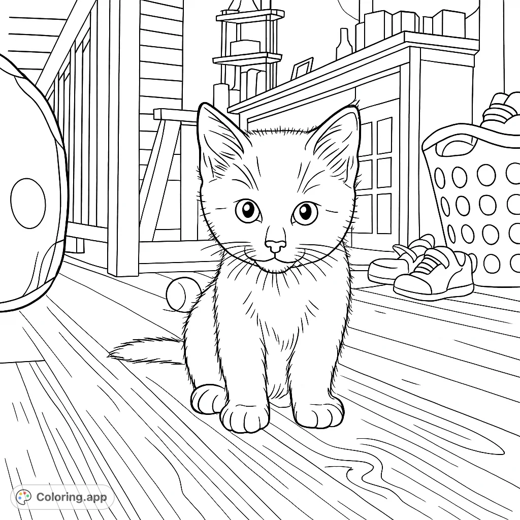 An adorable kitten sits curiously on a wooden floor, surrounded by household items. A charming scene perfect for animal lovers to color.