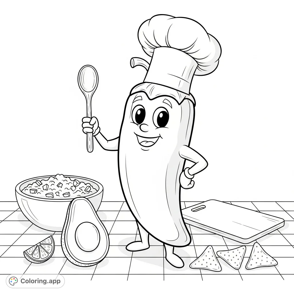 Spice up your day with this fun chili pepper character coloring page! A cheerful chef chili surrounded by delicious food items on a kitchen counter.