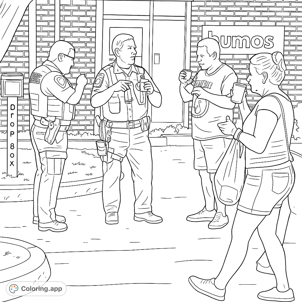 Engage with this community interaction coloring page featuring police officers and civilians. A detailed scene for all ages to enjoy and personalize.