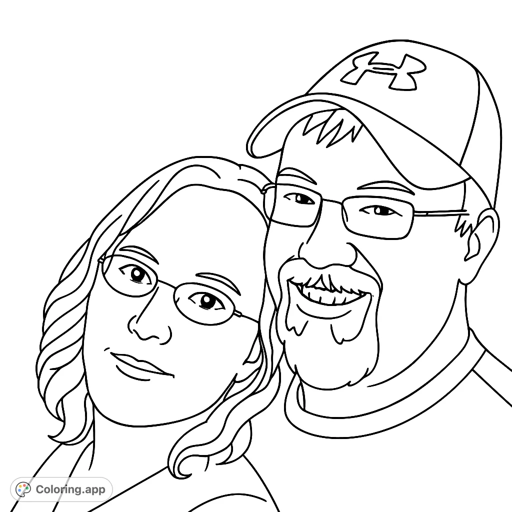 Capture the warmth of a smiling couple in this intimate portrait coloring page. Features a woman with long hair and a man in a cap, both wearing glasses.