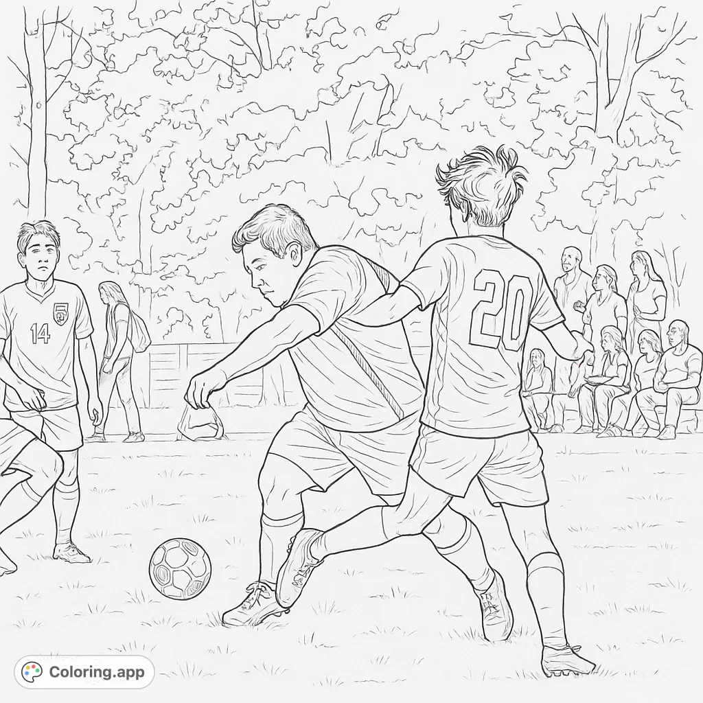 Capture the excitement of a soccer match with this detailed coloring page featuring players in mid-action on the field, perfect for sports fans.