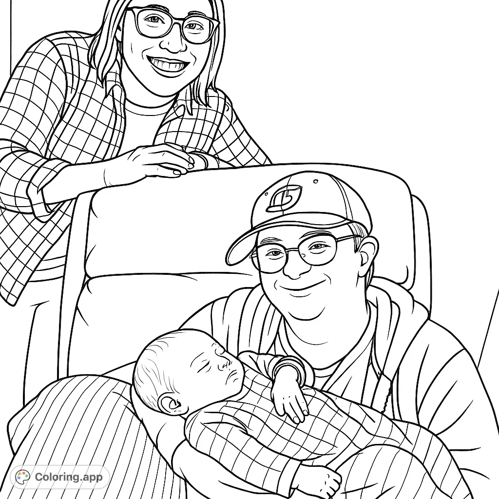Capture a heartwarming family scene with a smiling couple and their peaceful baby in this free printable family coloring page.