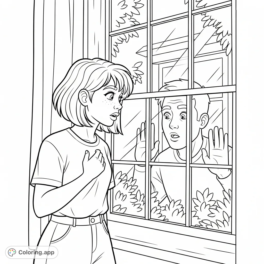 A younger woman and a peeping tom share a surprised moment at a window. This mature coloring page explores themes of surprise and unforeseen encounters.