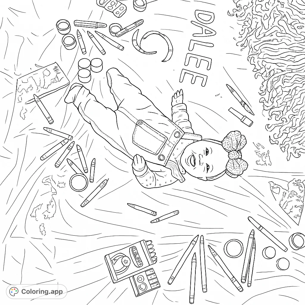 A joyful baby surrounded by art supplies, celebrating creativity. Perfect for a baby's first art project coloring page.