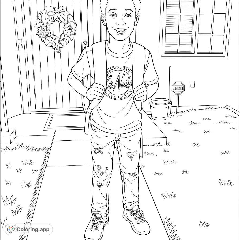 A cheerful boy with a backpack stands ready for school in front of a house, perfect for young colorists to personalize and celebrate a new school year.