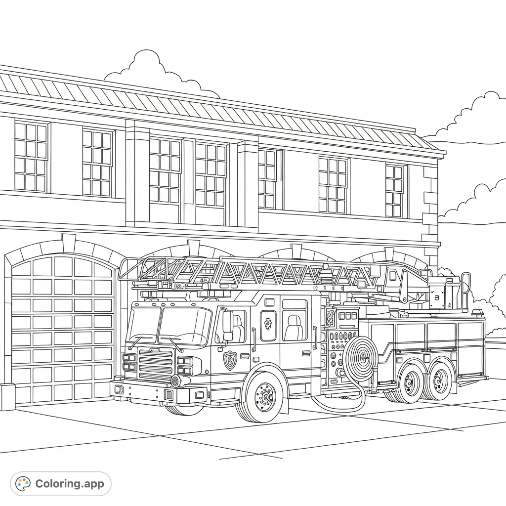 Explore a detailed firehouse coloring page featuring a classic building, a modern firetruck, and a coiled hose. Perfect for community helper themes!