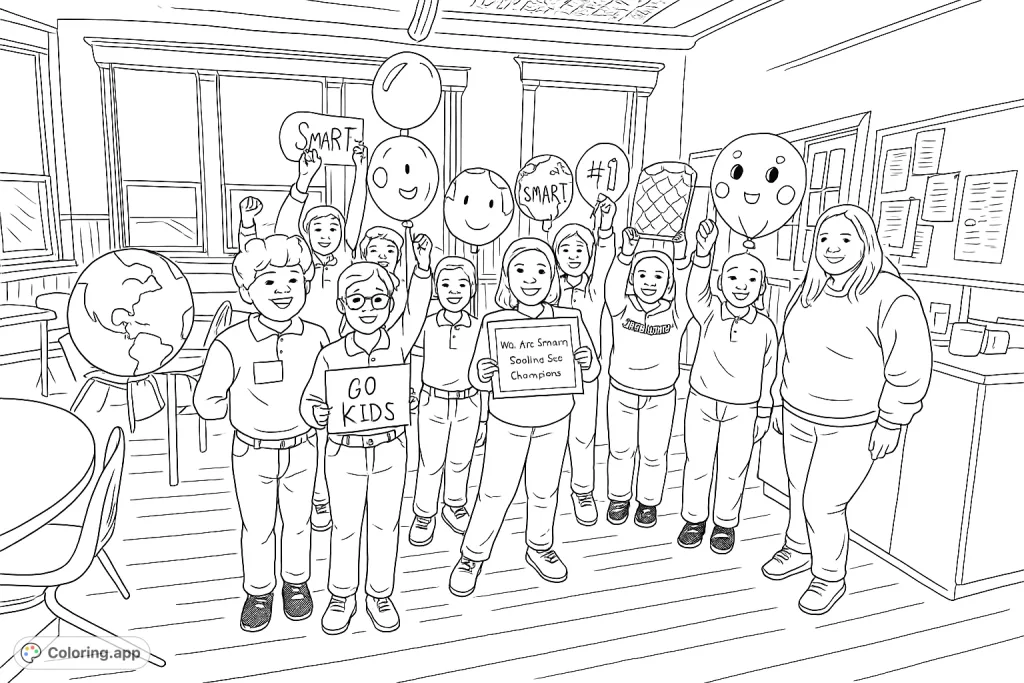 A joyful classroom scene with students and a teacher holding festive balloons and signs, celebrating a special event. Perfect for school-themed fun and creative expression.