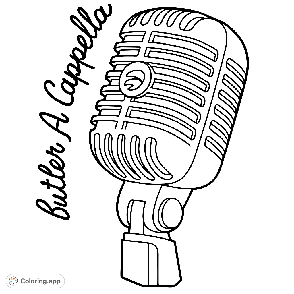 Color a classic vintage microphone with intricate grille details and elegant script text. Perfect for music lovers and aspiring vocalists.