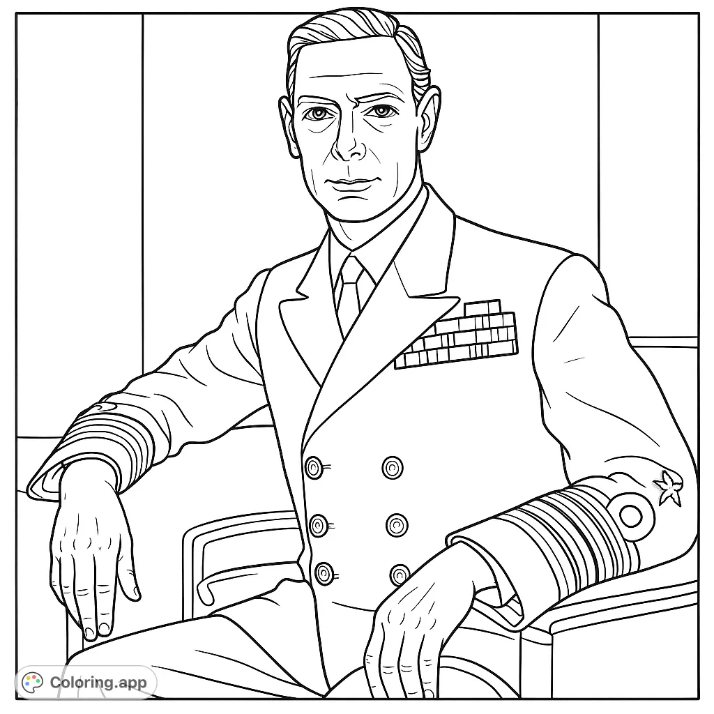 Color this regal portrait of a distinguished naval officer in uniform, adorned with intricate ribbons and rank insignia. A detailed historical military coloring page for all ages.