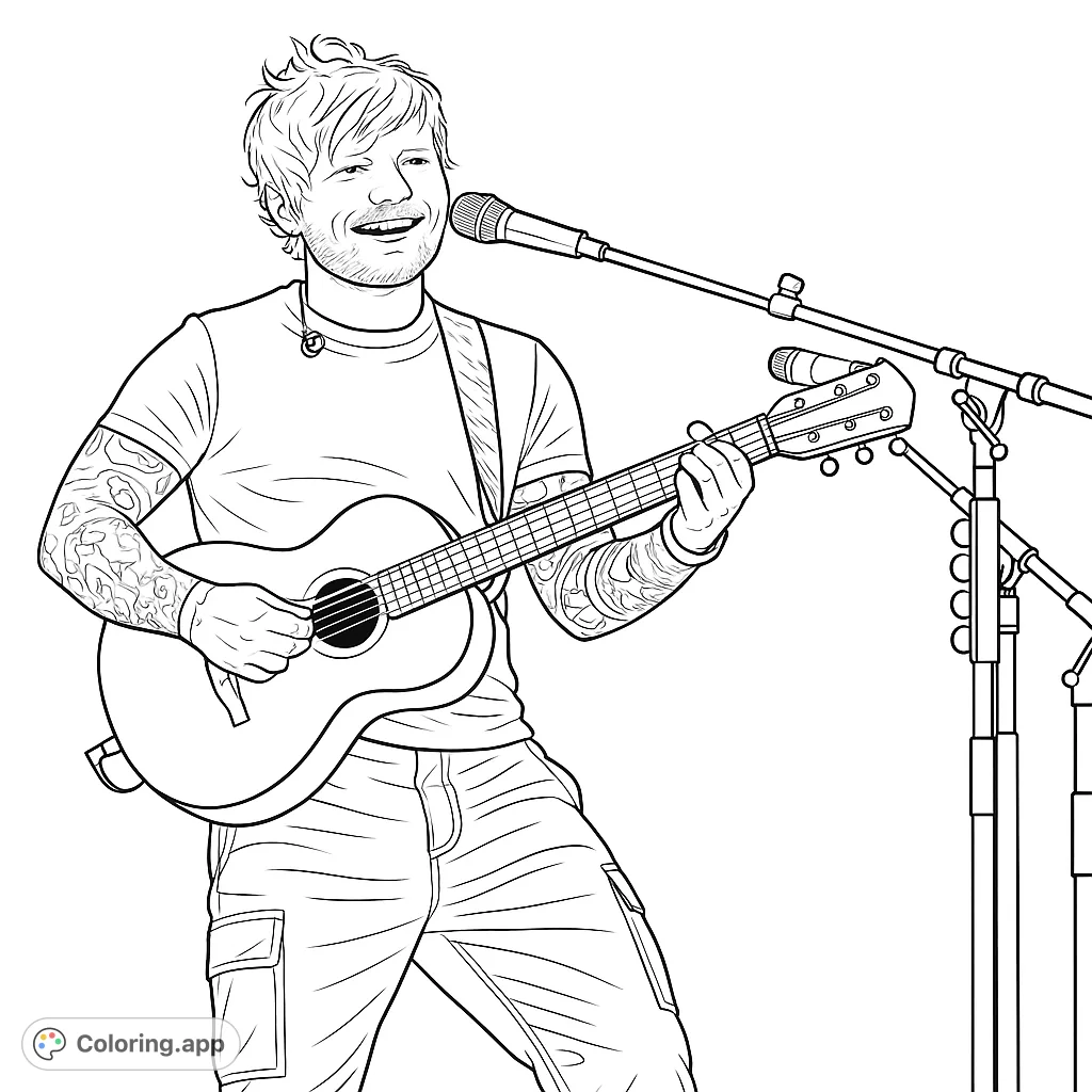 Capture the essence of a beloved musician performing live. This free printable musician coloring page features a detailed portrait of a singer-songwriter with his acoustic guitar.