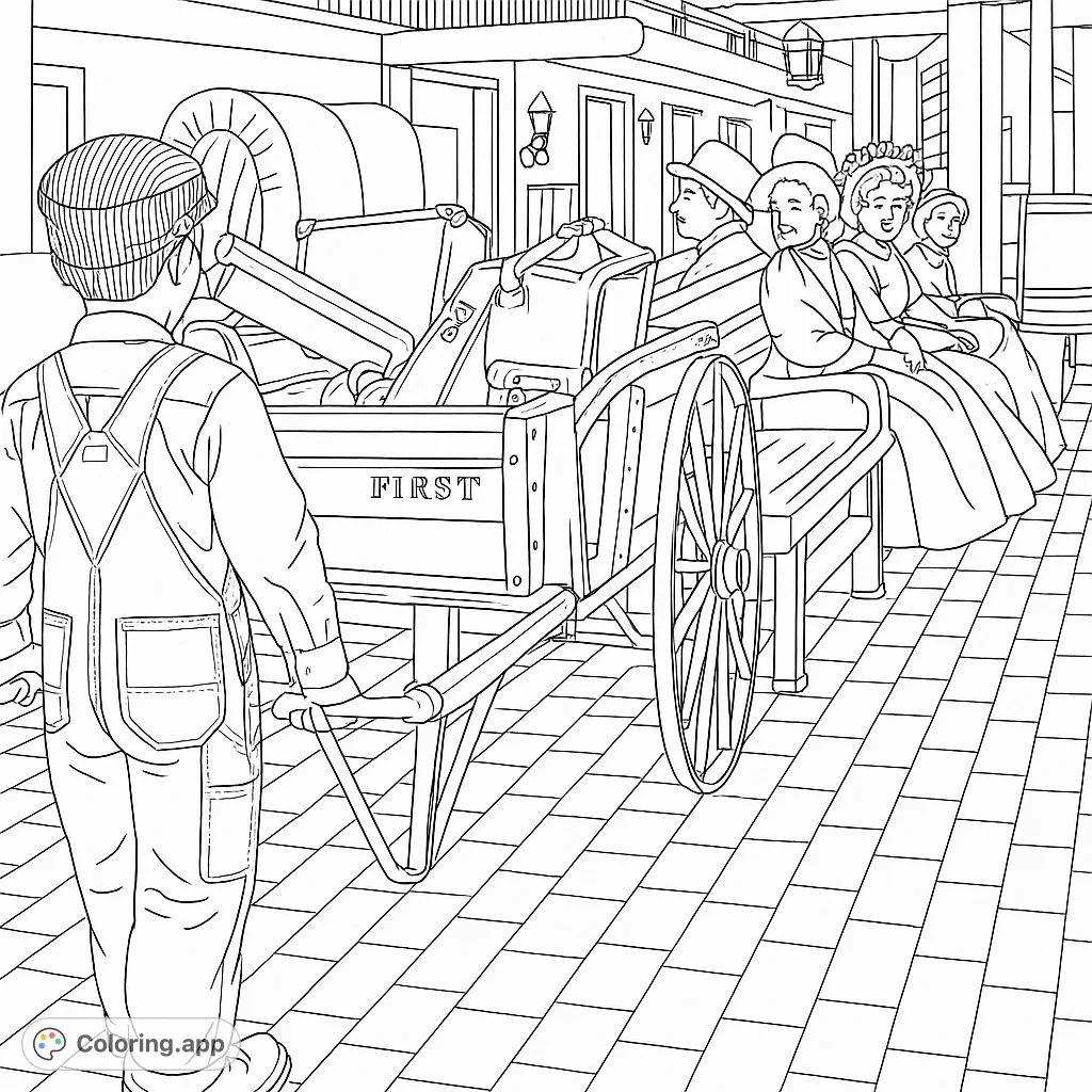 Step back in time with this vintage travel scene. A young person pushes a luggage cart past elegantly dressed travelers, capturing a moment of historical charm.