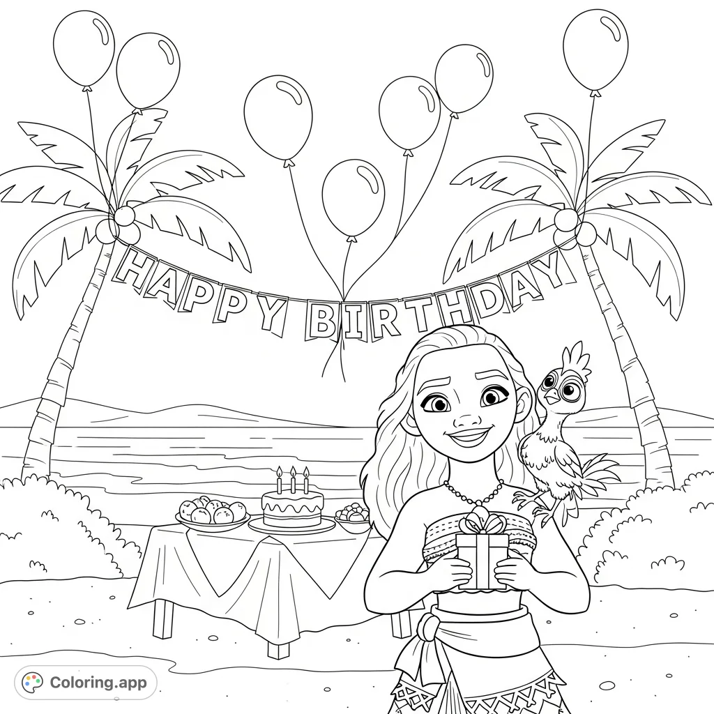 Celebrate with Moana and Hei Hei at a festive beach birthday party! This fun Moana coloring page features the beloved characters amidst balloons and cake.