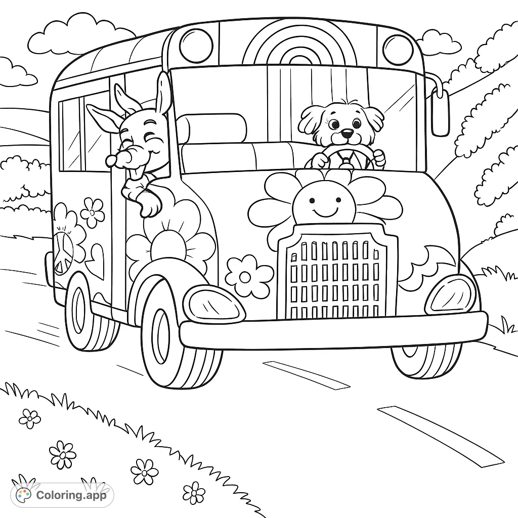 Join two cheerful dogs on a whimsical bus adventure, featuring groovy floral designs and a rainbow. A fun, free printable coloring page for all ages!