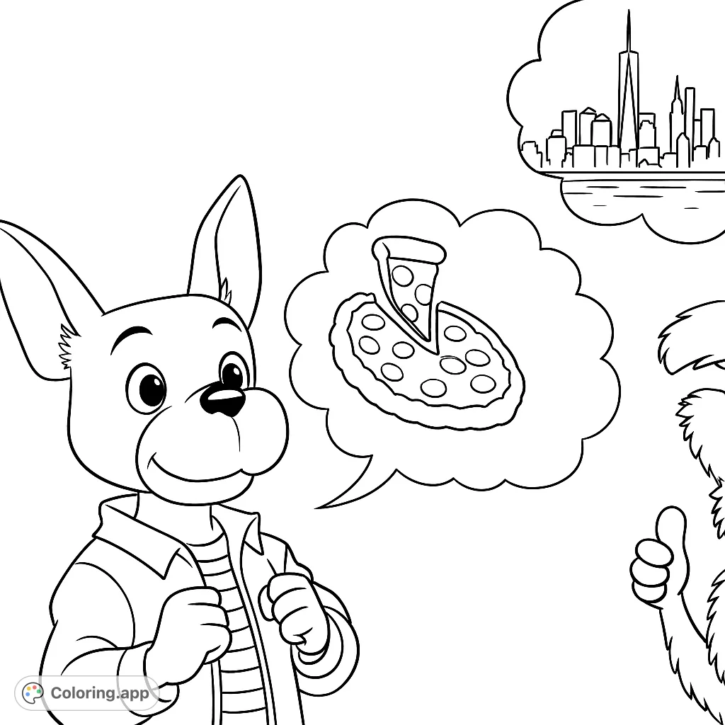 A charming dog character dreams of pizza and a bustling city, with a friendly thumbs-up from a companion. A fun, imaginative coloring page for all ages!