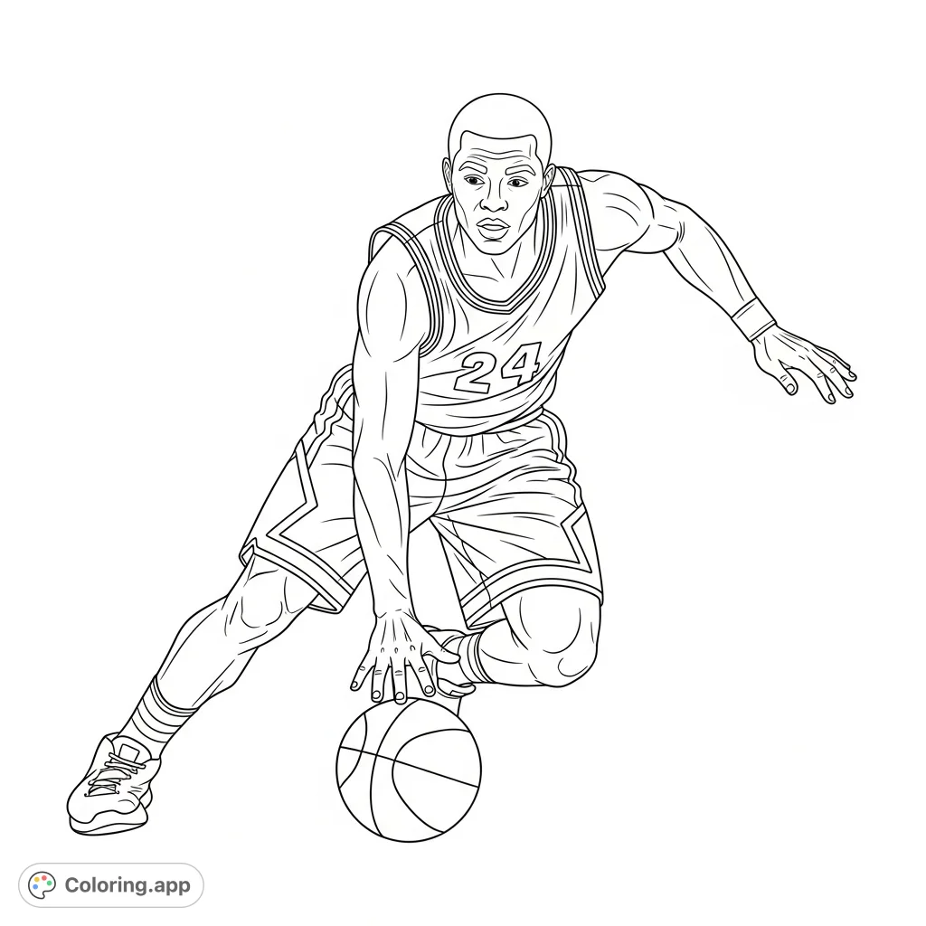 A dynamic basketball player in a detailed uniform dribbling a ball, capturing the energy of the game. Perfect for sports enthusiasts and aspiring athletes.