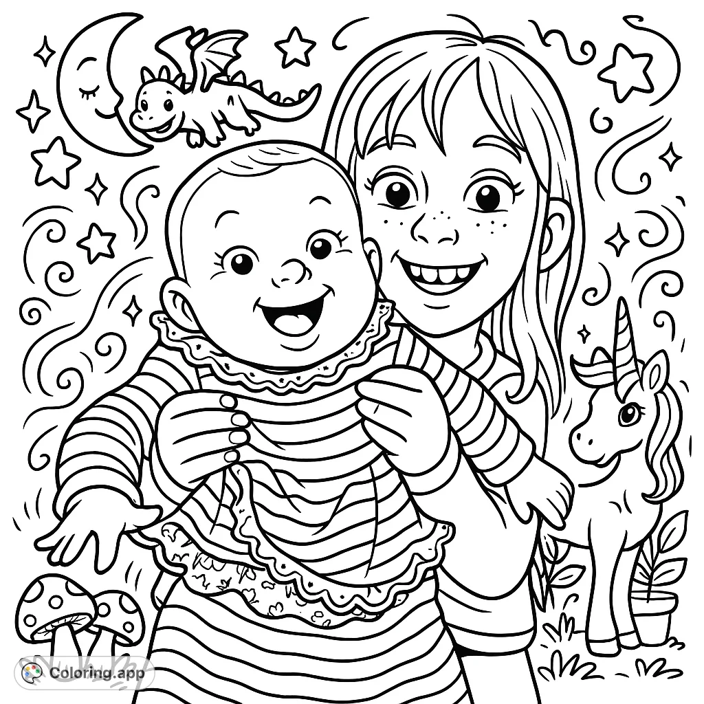 Capture a heartwarming moment of siblings sharing a joyful, magical bond. Perfect for a fantasy family coloring page with bold outlines and mystical flair.