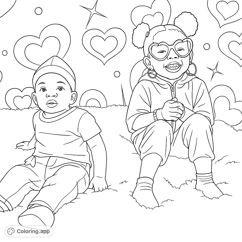 Two adorable children sit amidst a backdrop of hearts and stars, ready for a joyful coloring adventure. Perfect for celebrating love and friendship.