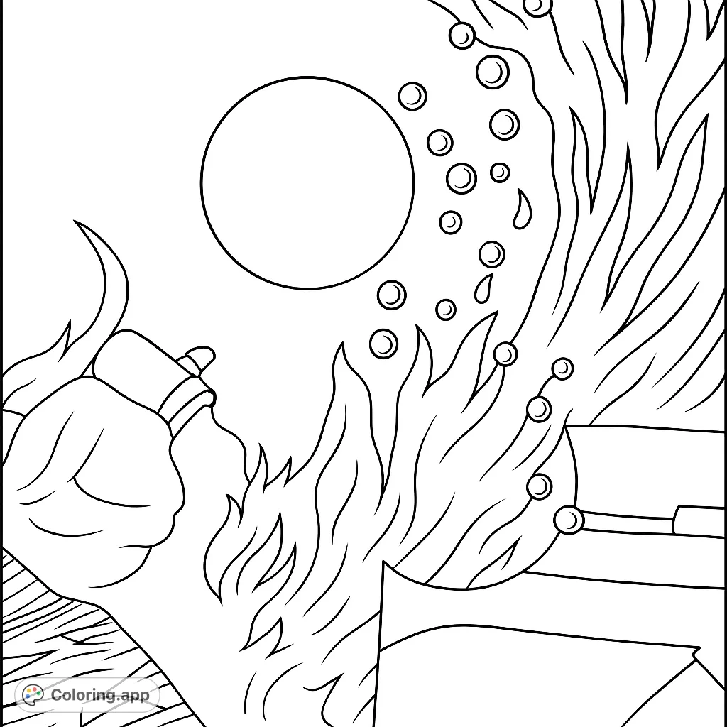 Dynamic abstract design featuring swirling flame-like patterns, a prominent circular form, and a cascade of delicate droplets, perfect for creative expression.