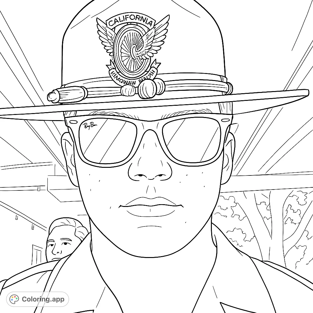 Color a detailed highway patrol hat with an intricate emblem and stylish sunglasses. A unique portrait for those who appreciate uniforms and detailed accessories.