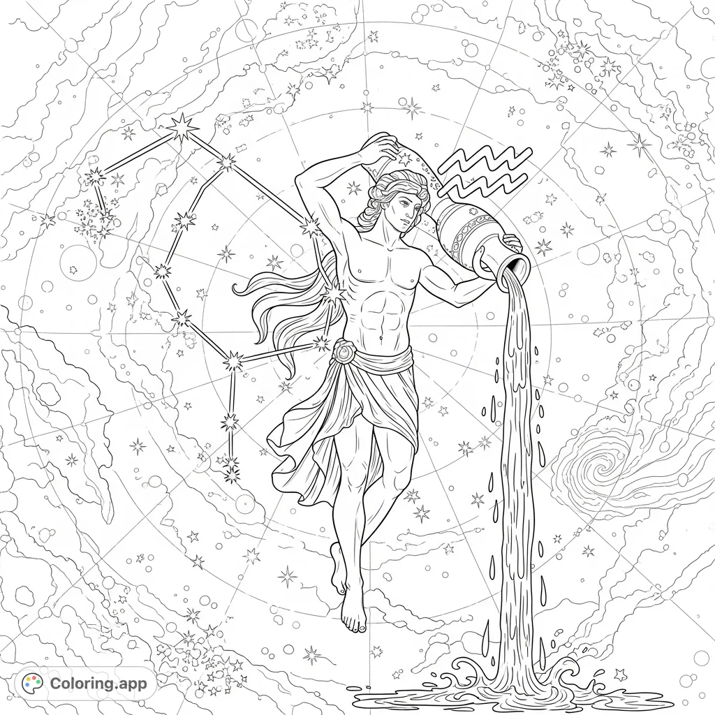 Explore the intricate Aquarius constellation with its Water Bearer figure amidst a detailed star map and cosmic nebulae. A celestial journey awaits!