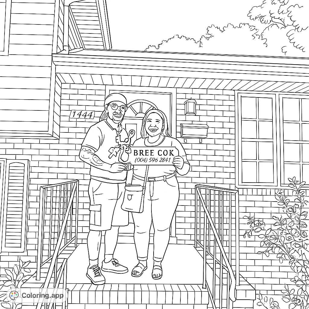 Celebrate a new home with this heartwarming coloring page featuring a happy couple in front of their house, holding signs. Perfect for aspiring homeowners!