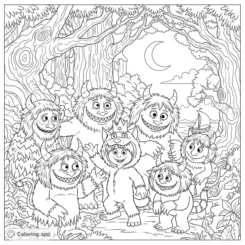 Join Max in his wolf suit and the friendly Wild Things for a playful rumpus in their fantastical forest. A fun, free printable coloring page for kids!