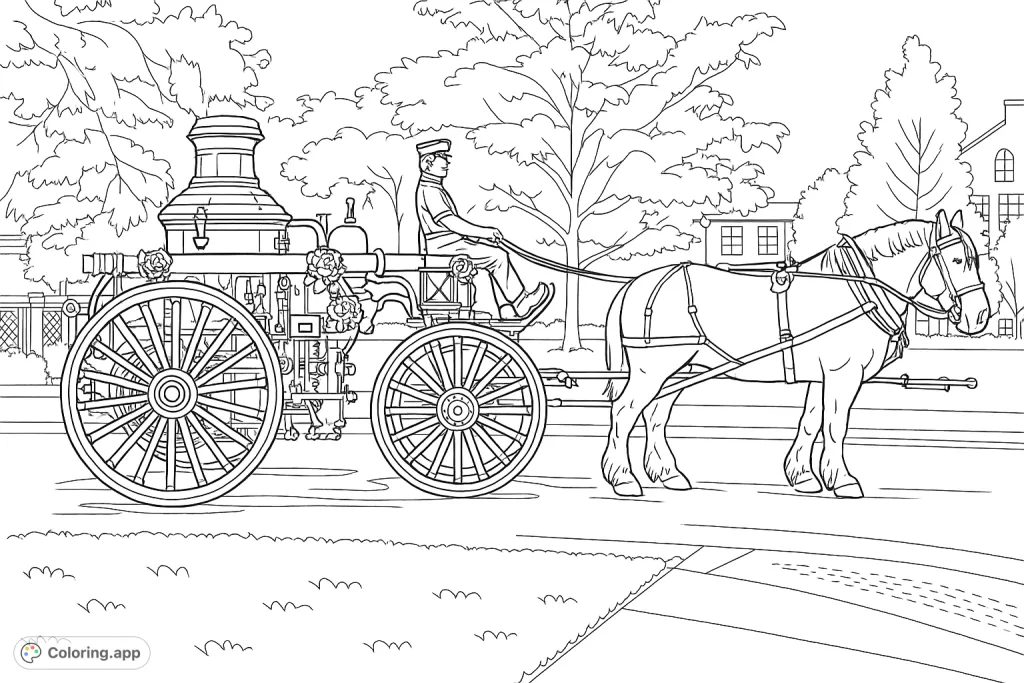 Color a magnificent vintage horse-drawn fire engine, complete with a detailed draft horse and ornate mechanical features, set in a charming outdoor scene.