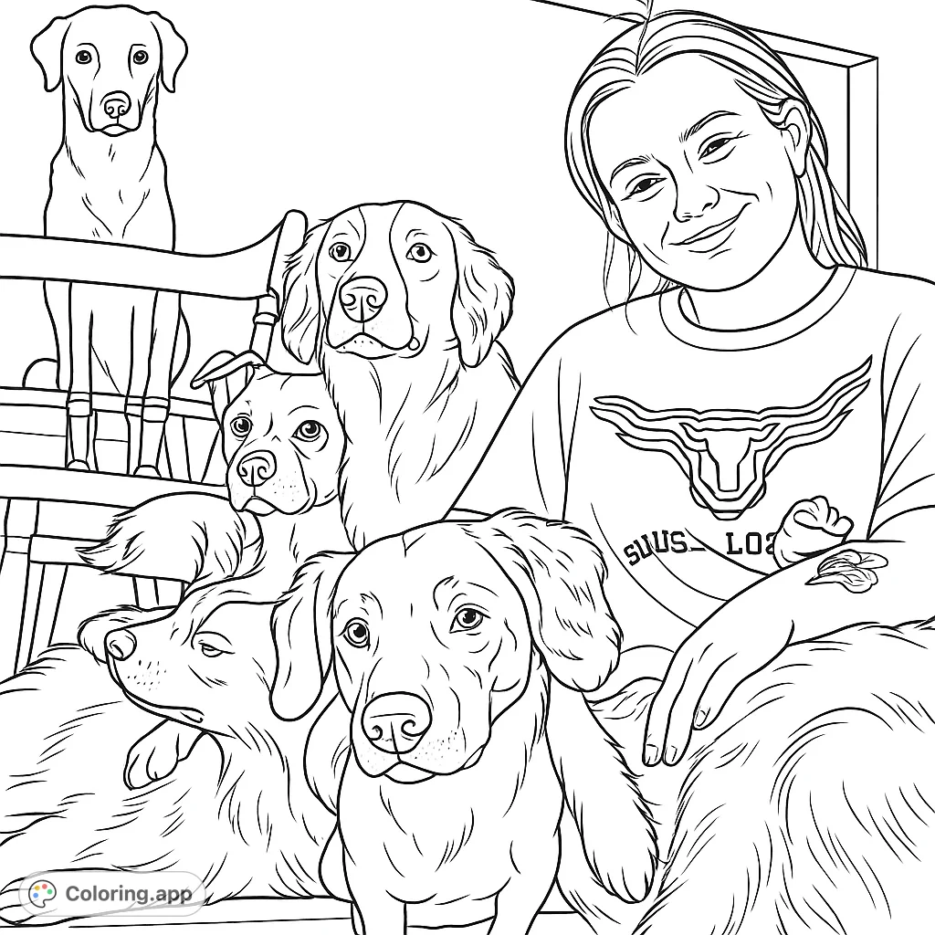 A heartwarming coloring page featuring a smiling woman surrounded by a playful pack of dogs, capturing a moment of joy and companionship. Perfect for pet lovers!