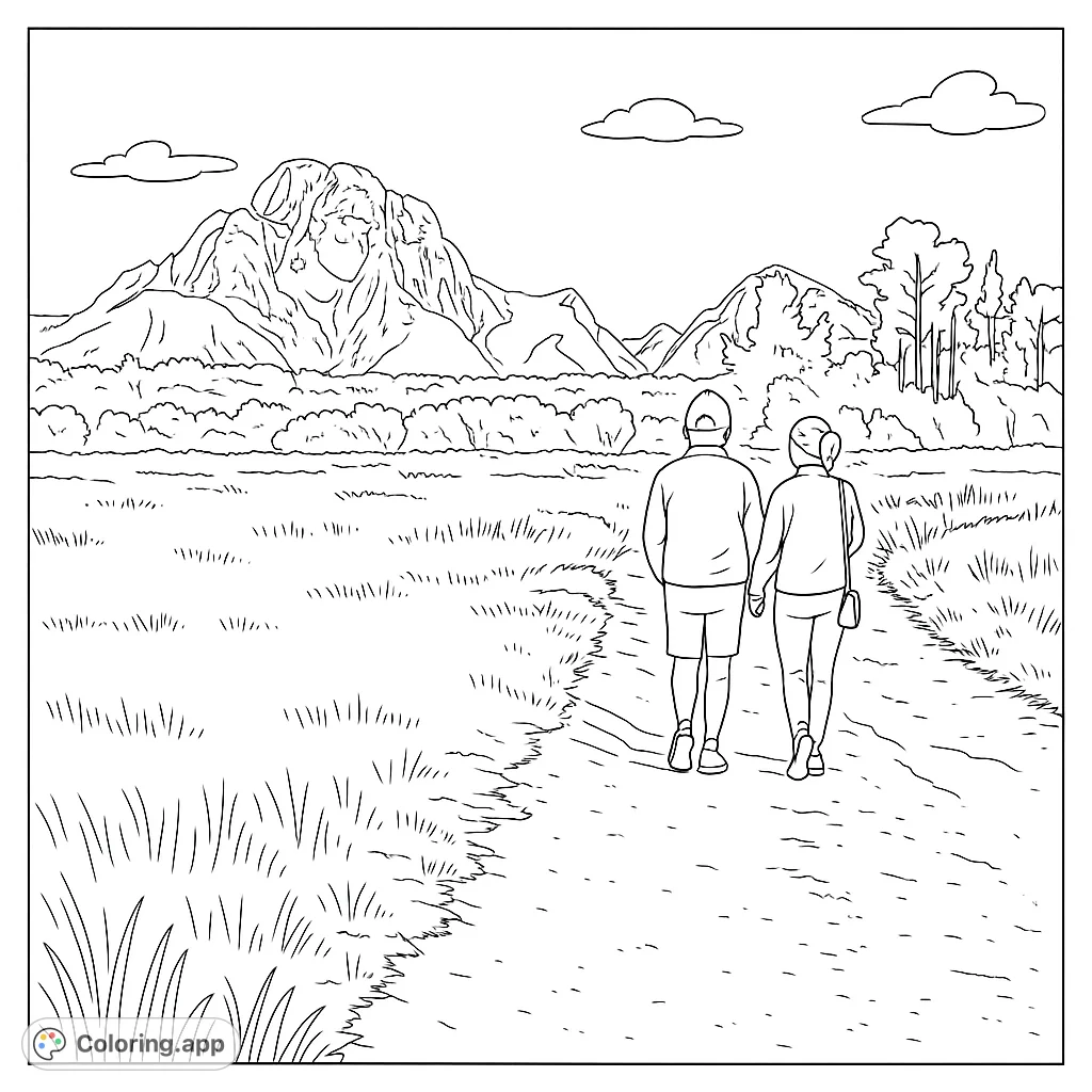 Embark on a serene mountain path adventure. Two figures walk towards majestic peaks, surrounded by vast fields and lush trees.