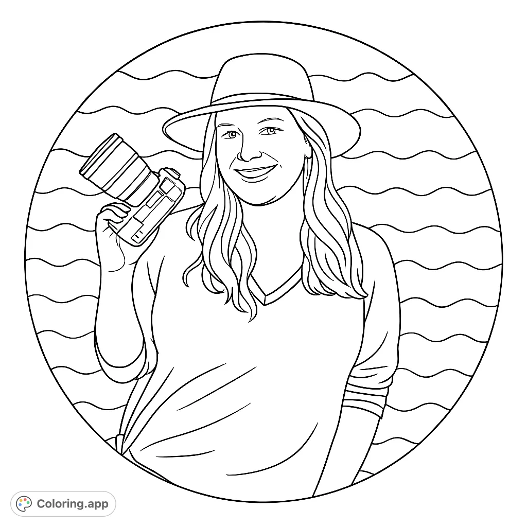 A realistic woman photographer coloring page, featuring a smiling woman in a hat holding a camera by the water, perfect for creative expression and relaxation.