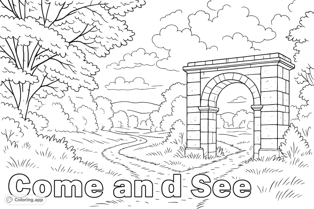 Explore a serene landscape featuring an ancient stone archway and a winding path leading into a lush, tree-filled vista under a cloudy sky. Perfect for nature lovers.