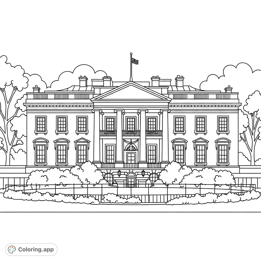 Color the historic White House, a symbol of American democracy. Features intricate architectural details, grand columns, and a serene landscape.
