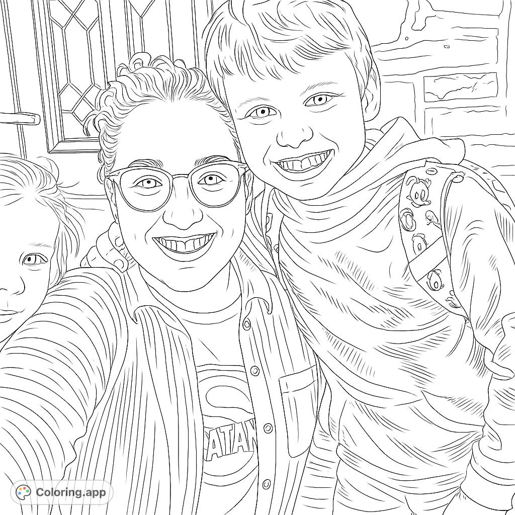 A heartwarming family portrait featuring a smiling woman, a cheerful boy with a backpack, and a peek of a young girl, set against a textured background.