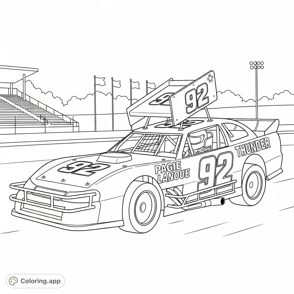 Experience the thrill of the race with this detailed thunder stock race car coloring page, featuring Pagie Lanoue's iconic number 92 vehicle.