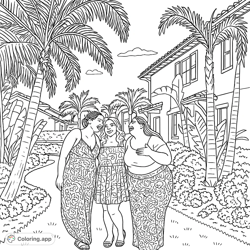 Three friends share a joyful moment amidst lush tropical foliage and palm trees, with charming buildings in the background. A delightful scene to color.