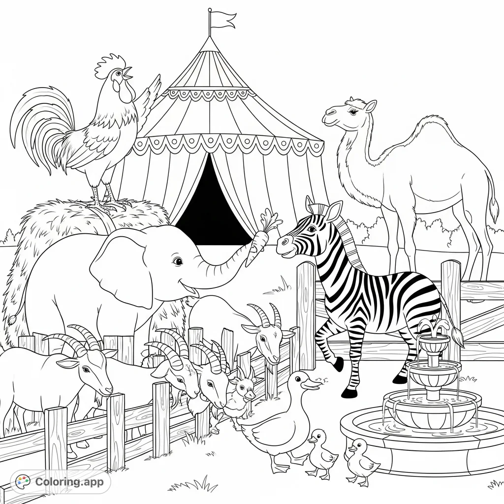 Explore a lively animal fair coloring page featuring a crowing rooster, a gentle elephant, playful zebra, and more. Perfect for animal lovers of all ages!