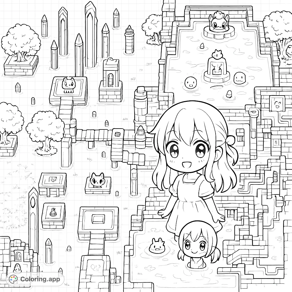 Explore an intricate ancient temple coloring page, partially submerged in water with detailed structures, walkways, and whimsical figures. A challenging, rewarding experience.